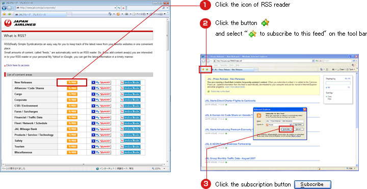 1.Click the icon of RSS reader 2.Click the button and select to subscribe to this feed on the tool bar 3.Click the subscription button