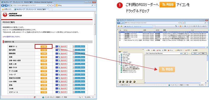 １．ご利用のRSSリーダーへRSSアイコンをドラッグ&ドロップ