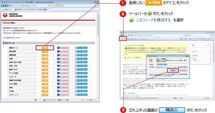 １．登録したいRSSのアイコンをクリック ２．ツールバーのボタンをクリックこのフィードを購読するを選択 ３．立ち上がった画面の購読ボタンをクリック